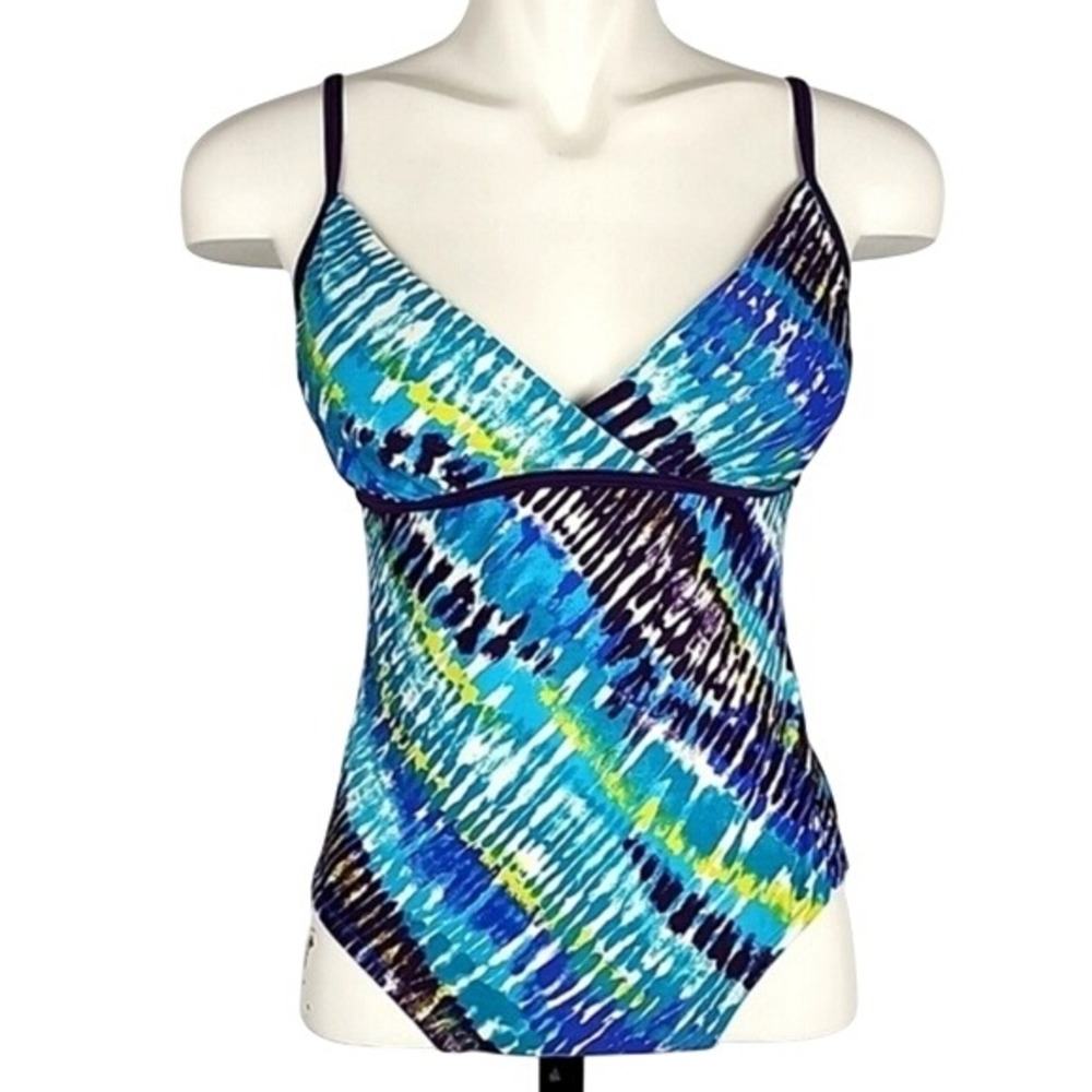 Speedo Women's Multi Blue V Neck Adjustable Strap Swimsuit 8